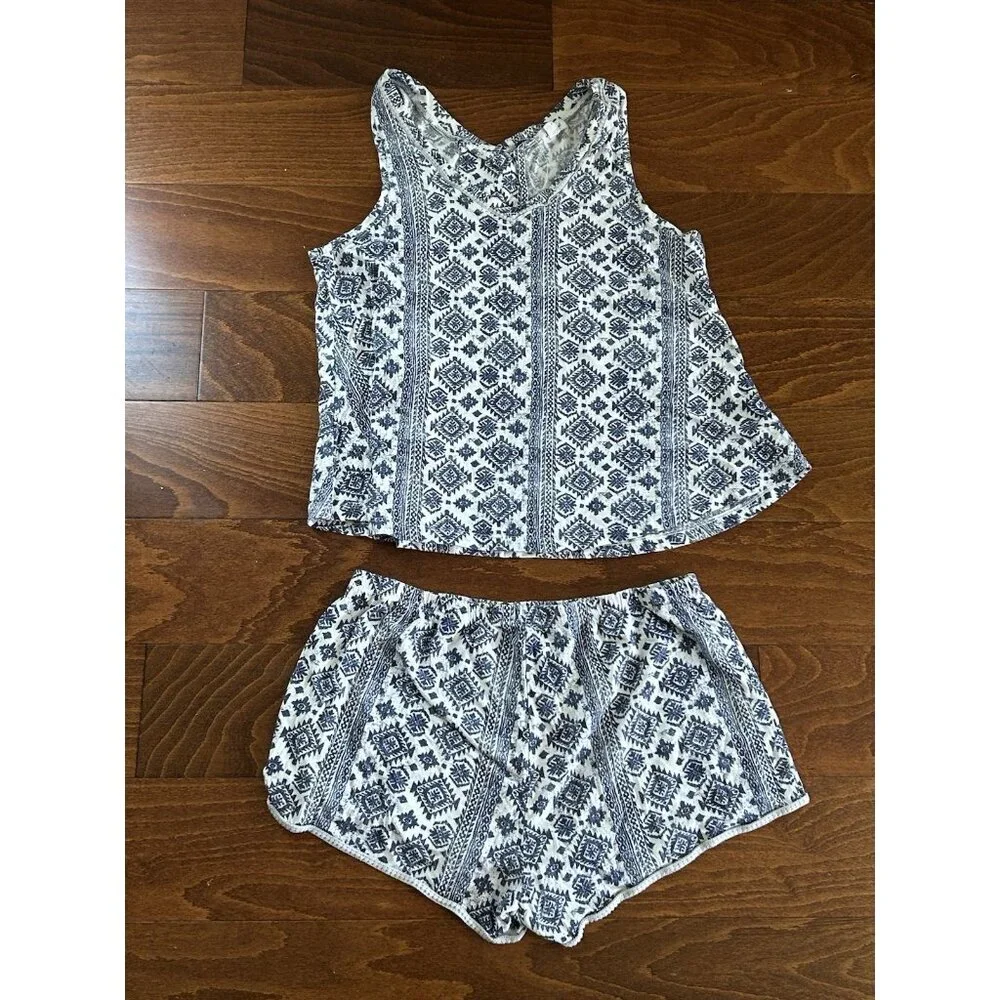 Lucky Brand Pajama Loungewear Top Shorts Women’s M Blue Aztec Print 2 Piece Knit